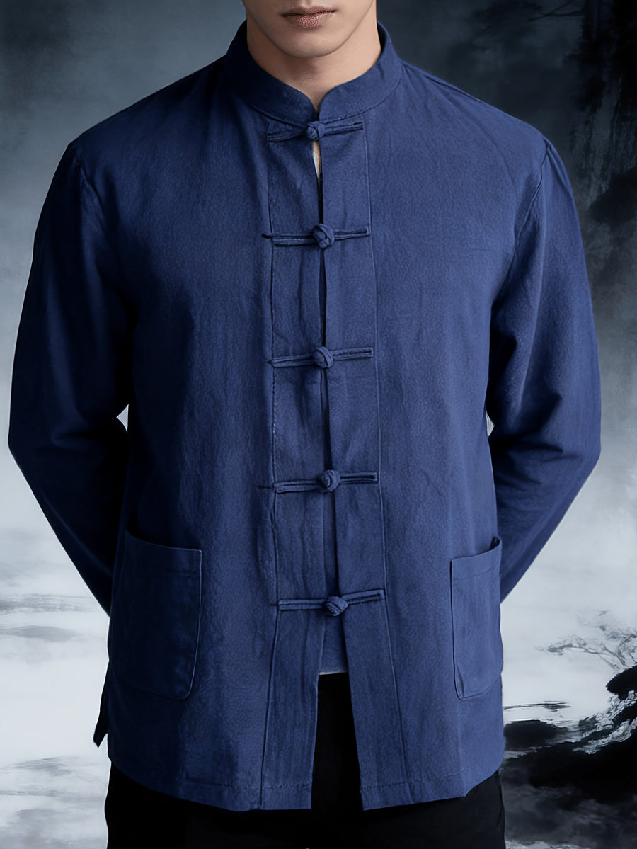 New Chinese Style Men'S Long Sleeve Shirt - And Linen Ethnic Characteristic Practice Clothes - Zen Retro Tang Style Thin Jacket (Solely Includes One Jacket) - Navy Color