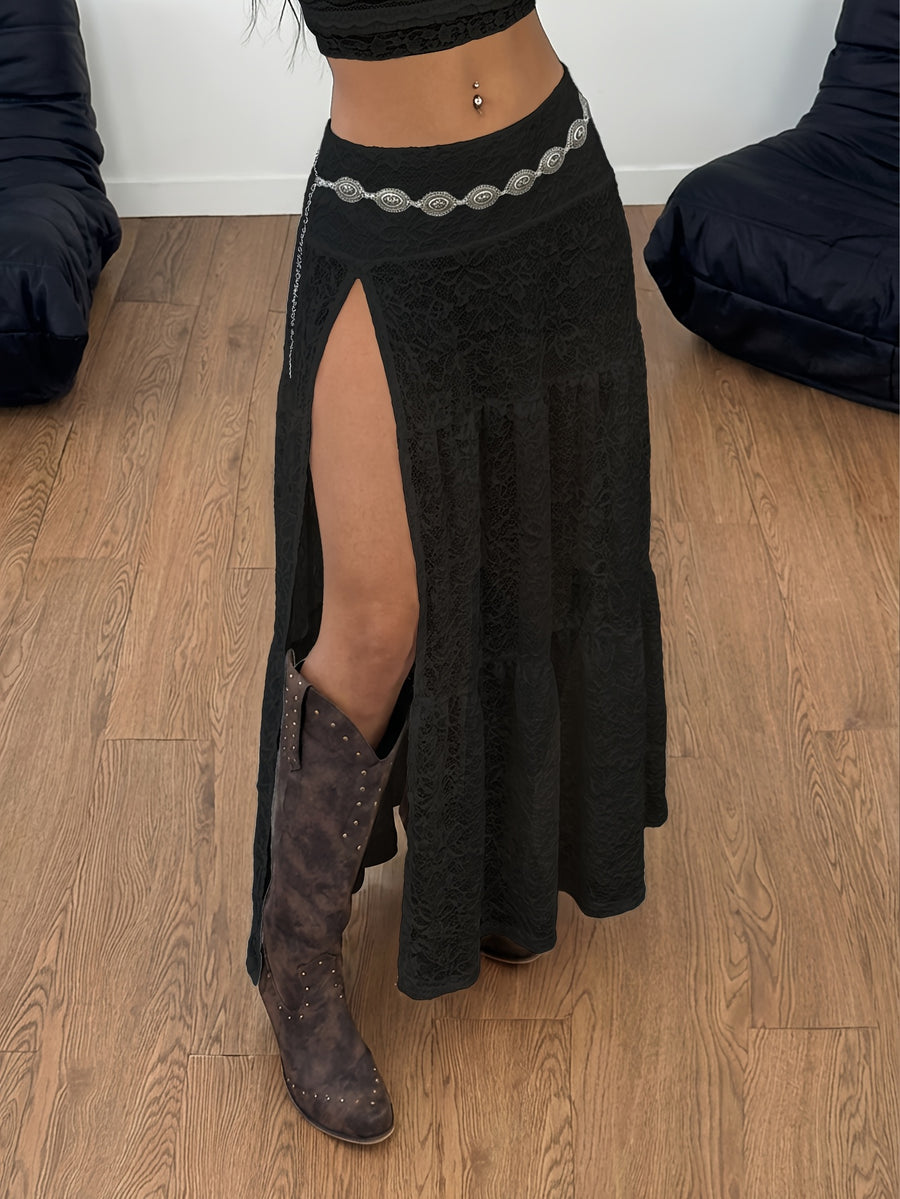 Spring/Summer Women's Fashionable and Comfortable Vacation Style Side Slit Design Solid Color Skirt, High-End Slim-Fit Lace Long Skirt, Slightly Sheer - Black