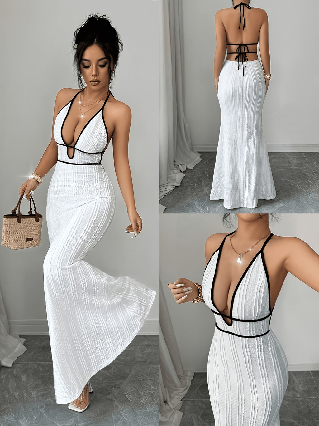 Trendy Women'S Textured Bodycon Cami Dress, Sexy Vacation/Date Night Wear, Black with Edging, Spring Summer - White