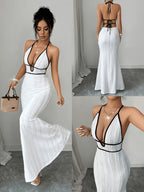 Trendy Women'S Textured Bodycon Cami Dress, Sexy Vacation/Date Night Wear, Black with Edging, Spring Summer - White