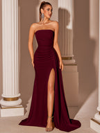Women's Elegant High-Waisted Slit Long Ribbon Backless Tie Dress for Graduation Party - Burgundy