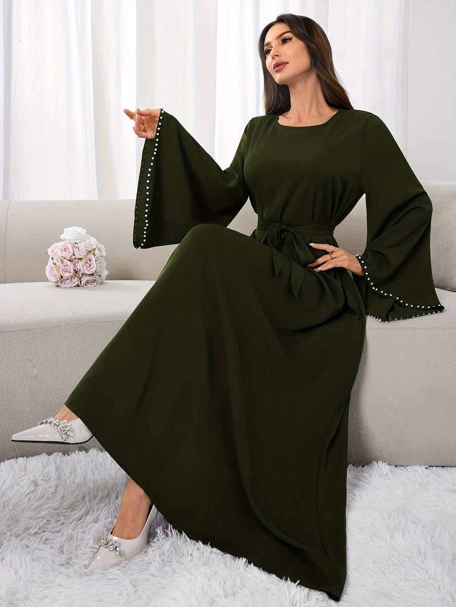 1pc Slim-fit Stretch Abaya Sleeve Front Zipper A-line AbayaElegant Flowing Muslim Robe Convenient Daily Islamic Women's WearStretch Sleeve Front Zipper AbayaSuitable for Daily Commuting, Gatherings with Family Friends, and Islamic Festive Occasions - Olive Green