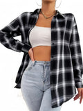 A Women'S Casual Long-Sleeve Checkered Shirt Featuring a Classic Black And White Pattern, with a Collared Button-Up Design Made from Exquisite Twill Fabric That Is Comfortable And Breathable, Making It Perfect for Spring And Autumn - Black And White Grid