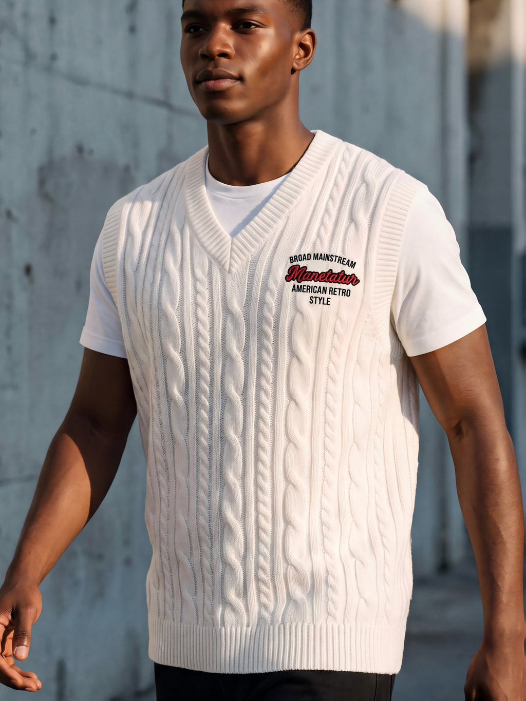 Western Men'S Back-To-School American Preppy Style Jacquard Embroidered V-Neck Knit Vest, Campus Commute Layering for Spring/Autumn - White
