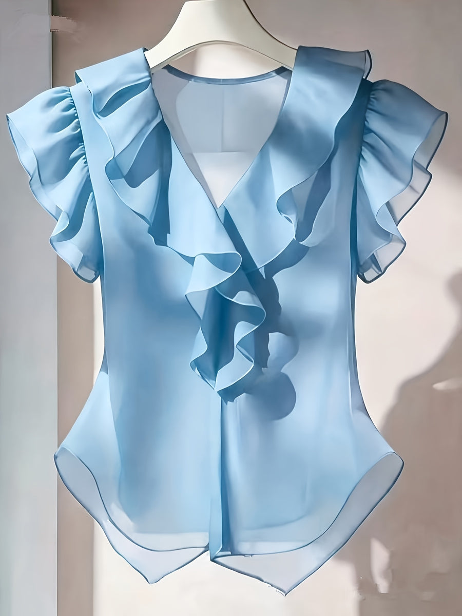 Summer French Solid Ruffled Fly Short Sleeve Shirt Chiffon Top Women'S - Sky Blue
