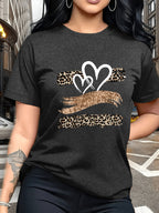 Leopard Print Heart Glitter-themed Pattern Print, Fashionable Breathable T-shirt, for Family Travel,, Casual S, Daily Commutes, Matching Outfits for Sisters, Versatile T-shirt 30057 - Dark Gray 1