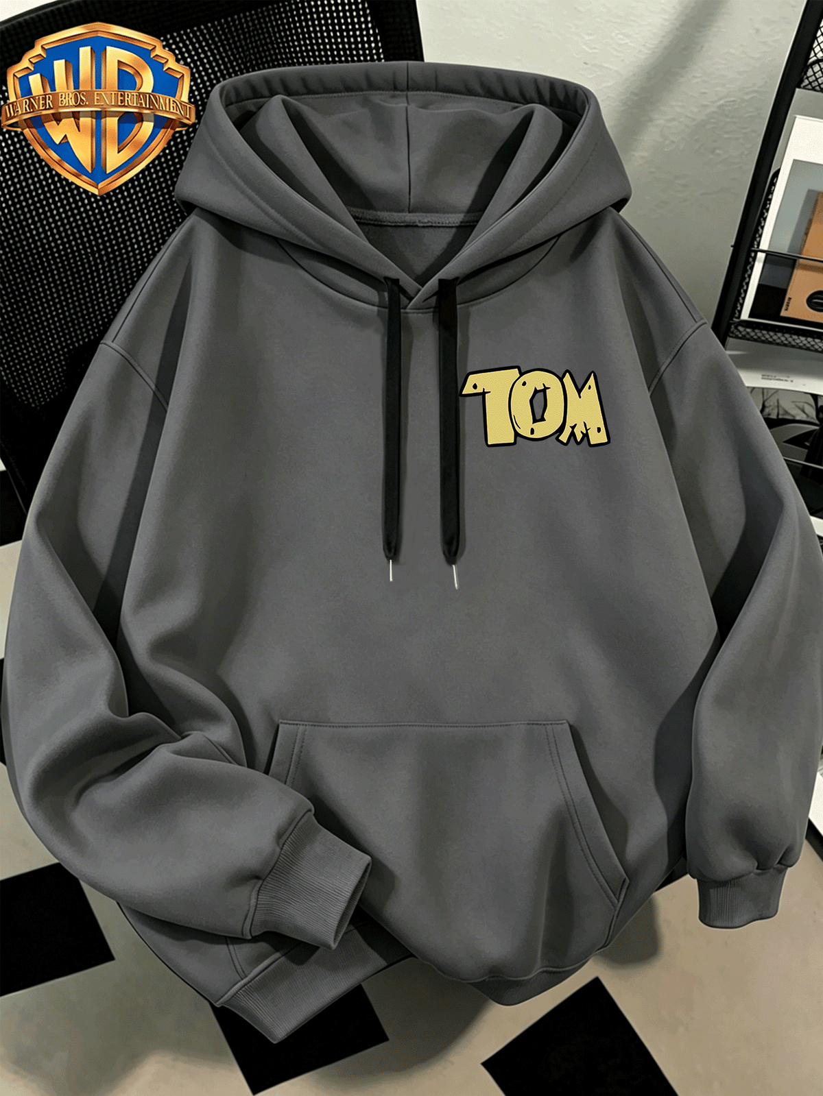 WB Men's. Official Licensed Hooded Sweater Hoodie - Retro Print (Loose Fit Hooded with Iconic WB), Machine Washable Casual Sweater Suitable for Fall/Winter, Daily Wear & for or Outings - Dark Gray