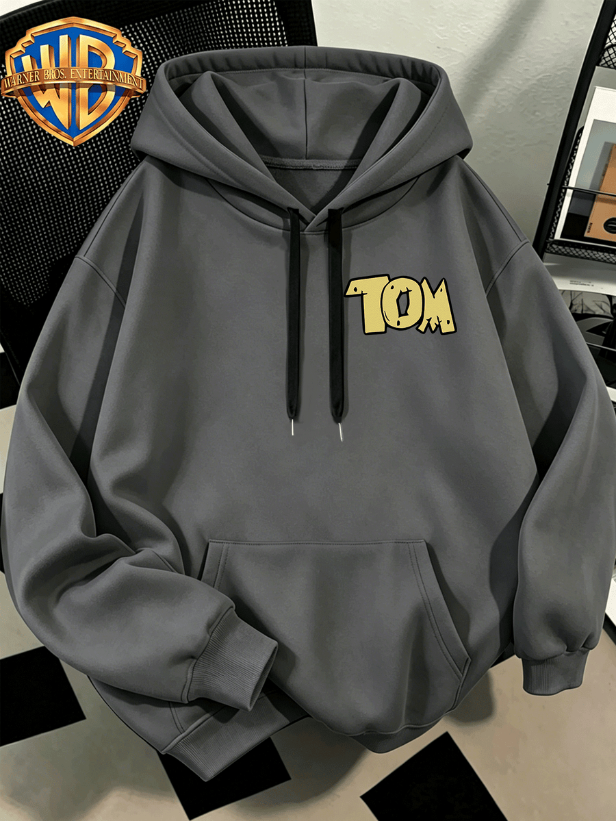 WB Men's. Official Licensed Hooded Sweater Hoodie - Retro Print (Loose Fit Hooded with Iconic WB), Machine Washable Casual Sweater Suitable for Fall/Winter, Daily Wear & for or Outings - Dark Gray