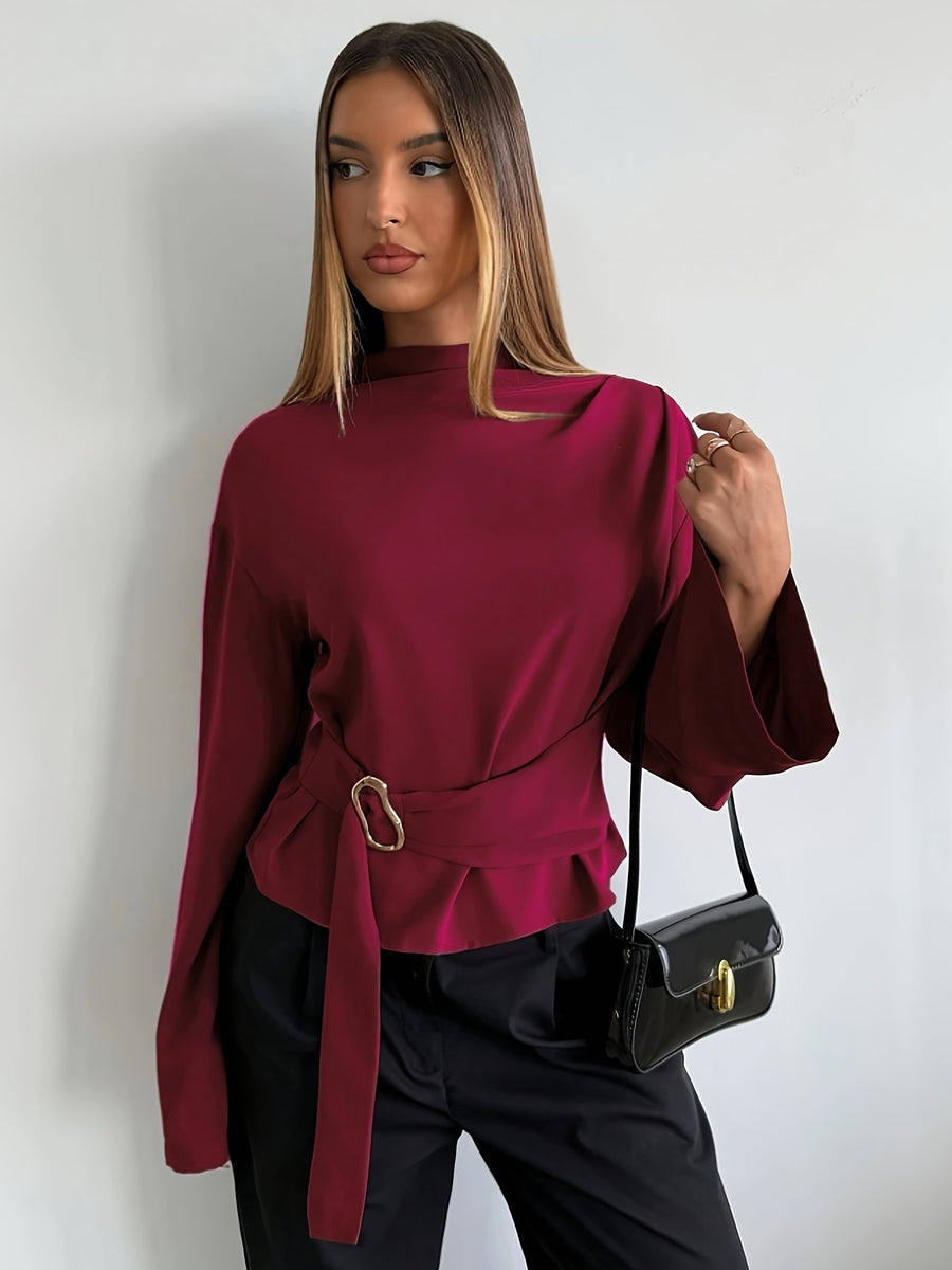 Women's Flared Sleeve Blouse, Suitable for Daily Business Commutes and Office Wear, Solid Color Shirt with Metal Buttons, Basic Top, Vintage Style, Elegant Women's Blouse - Red