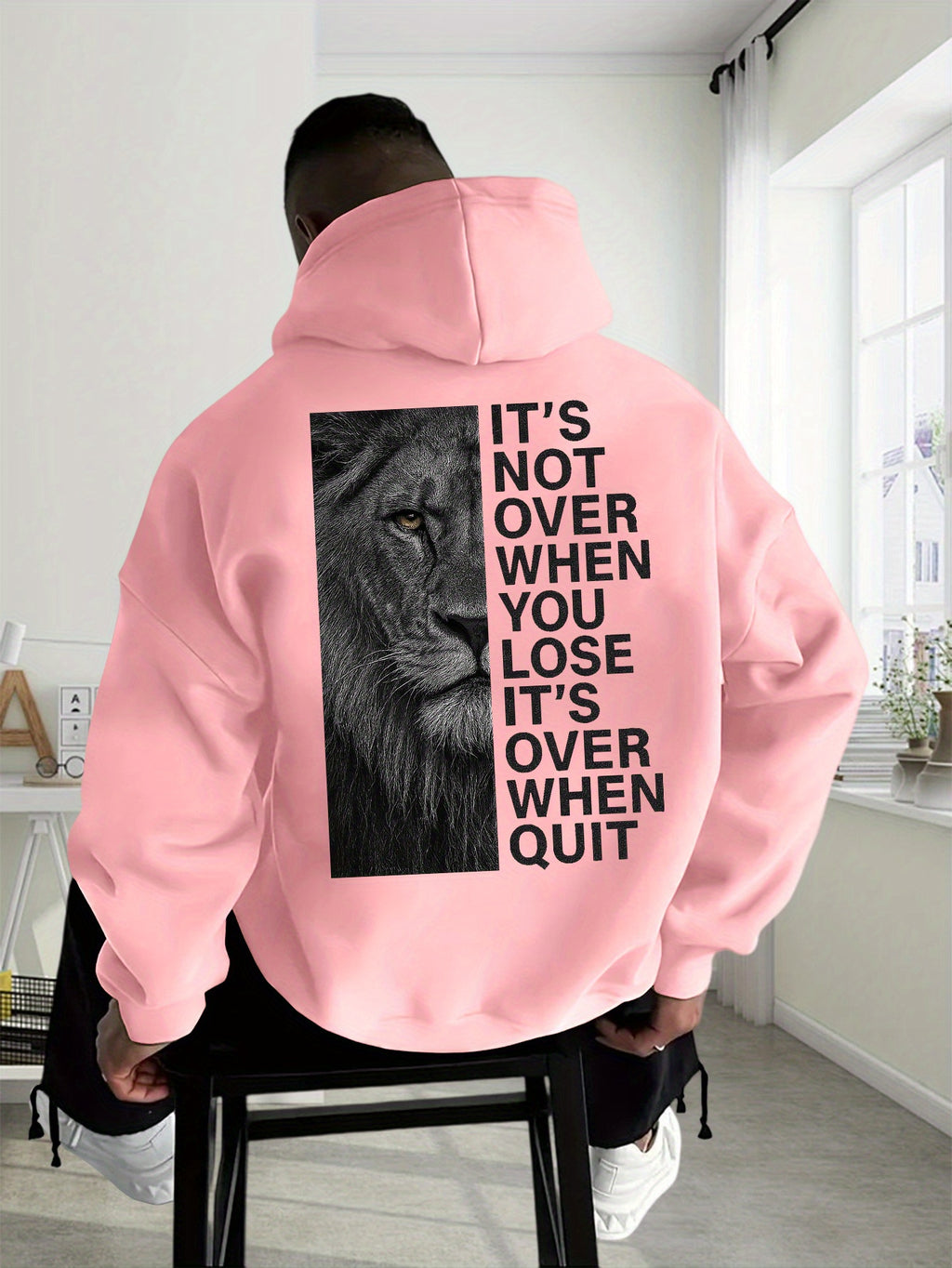 Men'S Casual Hooded Sweatshirt with Graphic - "It'S Not Over Until You Quit" Design, Thick Sportswear, Long Sleeve, Regular Fit, Ideal for Spring/Fall, Autumn Casual Wear|Casual Style Hoodie| Sweatshirt - Pink Color