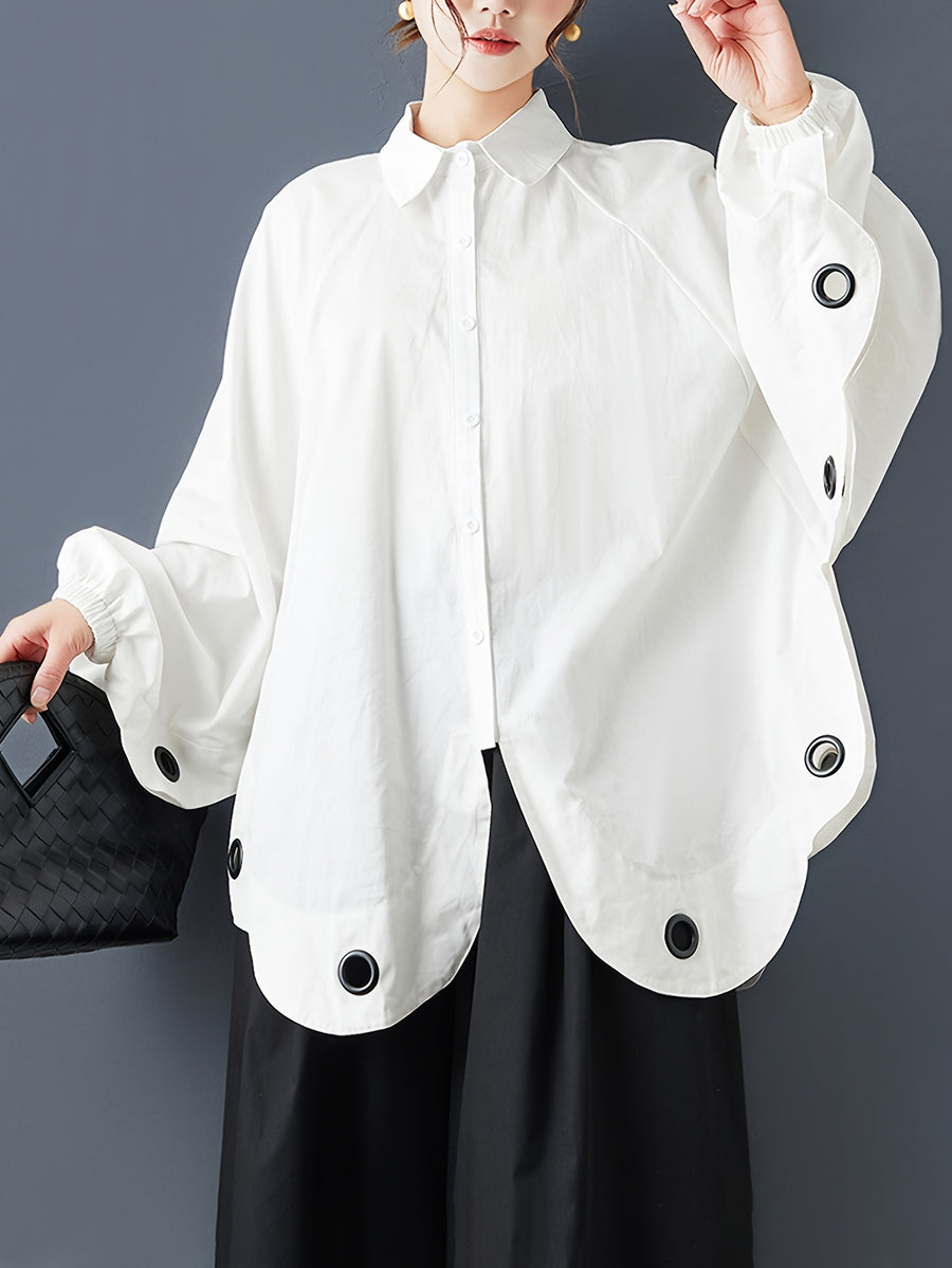 Women's Autumn Loose Fit Irregular Hem Batwing Shirt with Unique Design, Casual and Figure-Flattering Top - White