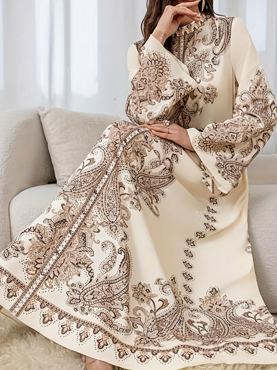 BK0905501 Style Long Sleeve Paisley Print Abaya Dress Inspired by the Middle East for Women, with Adjustable Belt and Machine Washable Fabric - Versatile for All Seasons - Beige