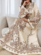 BK0905501  Style Long Sleeve Paisley Print Abaya Dress Inspired by the Middle East for Women, with Adjustable Belt and Machine Washable Fabric - Versatile for All Seasons - Beige