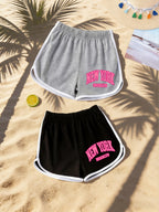 Two-Pack American Vintage NEW YORK Print Women's S Shorts, Summer Lightweight Versatile Hot Shorts, Hot Style Contrast Trim Letter Casual Shorts, Trendy Brand Y Running Pants, Sweet & Cool Style BROOKLYN Print S Shorts, Leg-Length Enhancing Versatile - Mixed colors