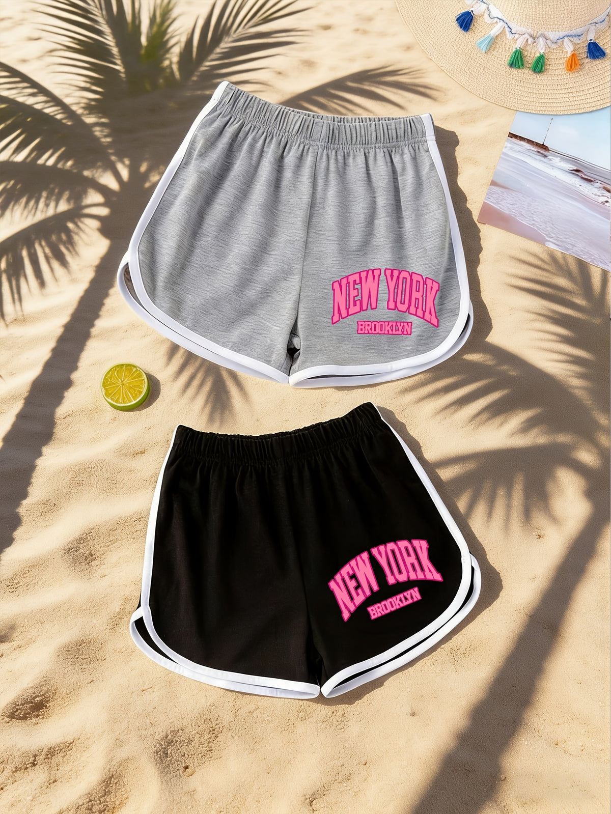 Two-Pack American Vintage NEW YORK Print Women's S Shorts, Summer Lightweight Versatile Hot Shorts, Hot Style Contrast Trim Letter Casual Shorts, Trendy Brand Y Running Pants, Sweet & Cool Style BROOKLYN Print S Shorts, Leg-Length Enhancing Versatile - Mixed colors