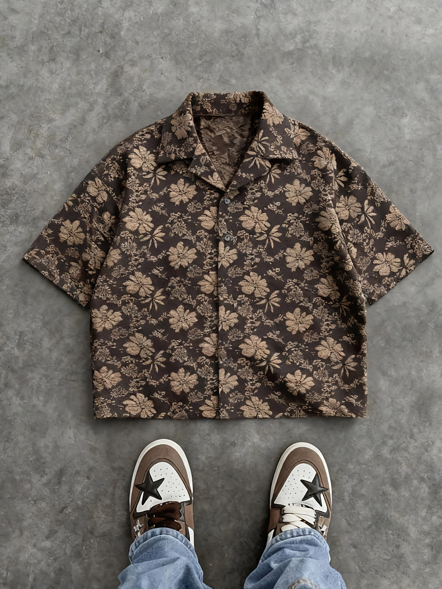 Men'S Fashion New Three-Dimensional Floral Jacquard Fabric Shirt, Full Texture with Rich Layers, Breathable And Light, Not Stuffy. Classic Cuban Collar Design, Summer Lazy And Casual Yet Refined, Daily Commute - Black