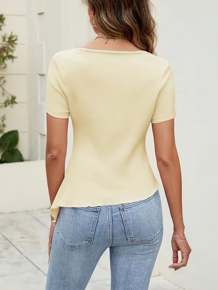 Women's Summer Square Neck Ruched Drawstring Asymmetrical Hem T-Shirt Casual Short Sleeve Slim Fit Top - Apricot