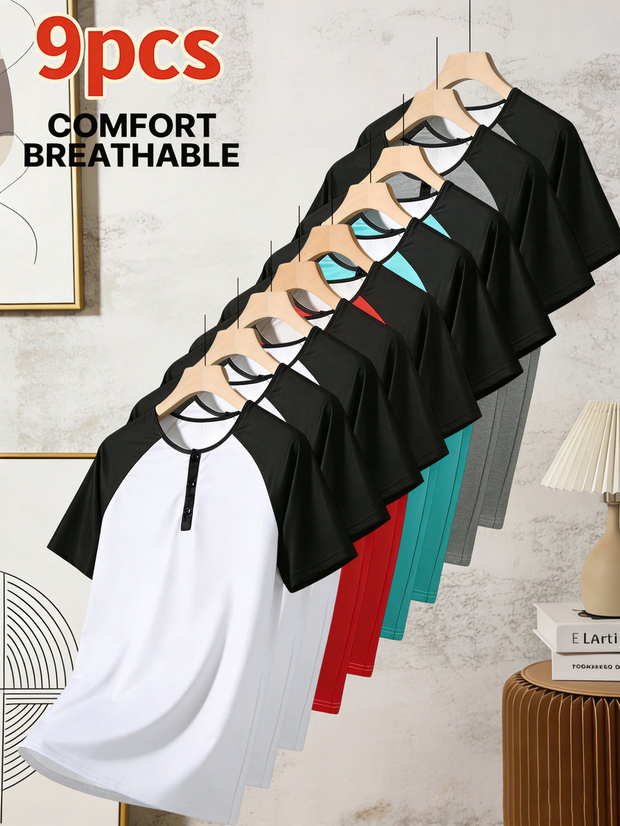 9pcs Set of High-Value, Cost-Effective Henley Shirts, Comfortable And Skin-Friendly, Easy And High-End, Breathable And Sweat-Absorbent, Suitable for Fitness, Versatile, Classic And Luxurious, Perfect for Everyday Casual Wear - Mixed colors