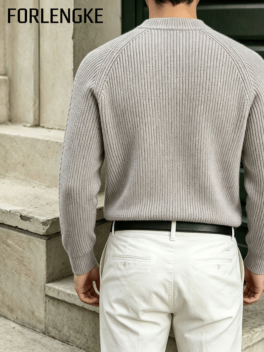 FORLENGKE Men's Business Casual Crew Neck Ribbed Knit Sweater, Soft Warm Long Sleeve Pullover for Fall Winter Office Daily Wear - Light Purple