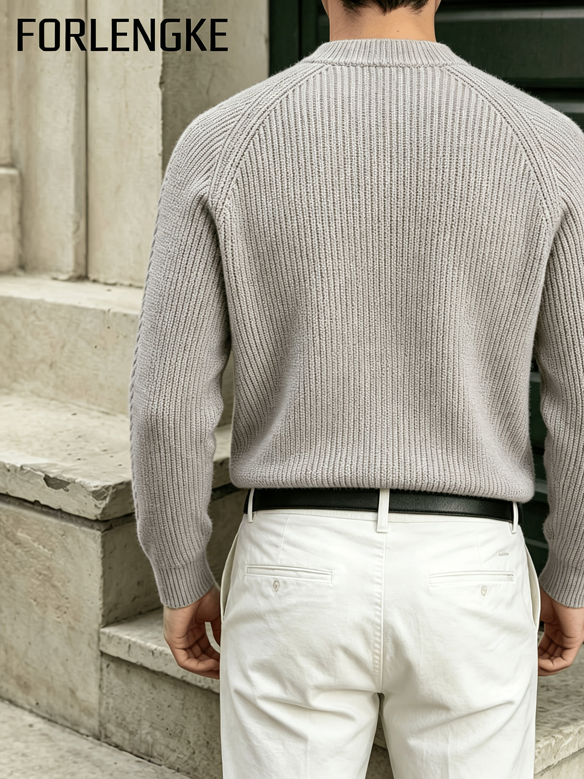 FORLENGKE Men's Business Casual Crew Neck Ribbed Knit Sweater, Soft Warm Long Sleeve Pullover for Fall Winter Office Daily Wear - Light Purple