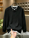 [Villa Joy Water OBM] Black Faux Two-Piece Design Men'S Long Sleeve T-Shirt, High-Quality Versatile Stylish Top, Handsome Comfortable Gentleman Fit Base Layer, Suitable for All Occasions - Black