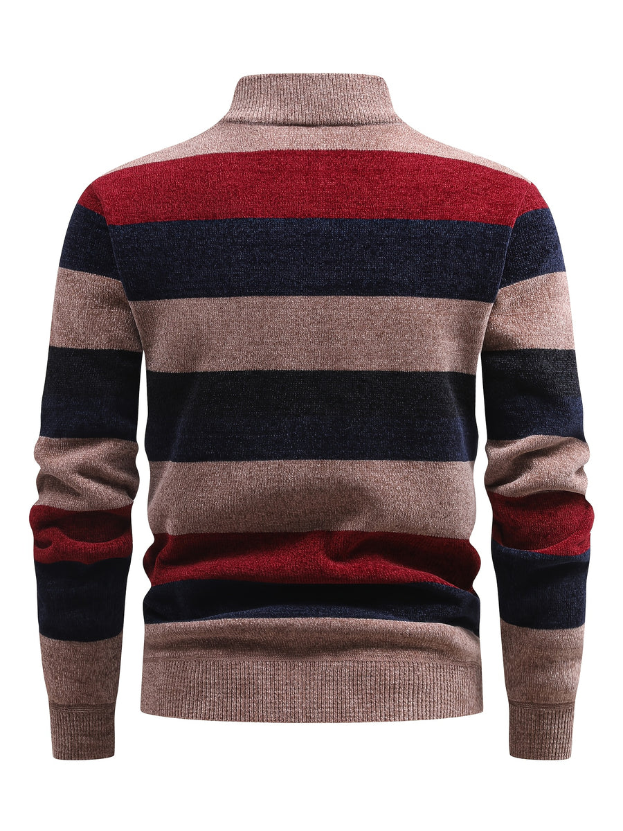 Men'S Autumn Winter Casual Versatile Pullover Sweater Contrast Fashion Fleece-Lined Top Quarter Zip Stand Collar Knit Sweater New Warm Commute Sweater Old Money Vacation Style Men'S Gift - Khaki