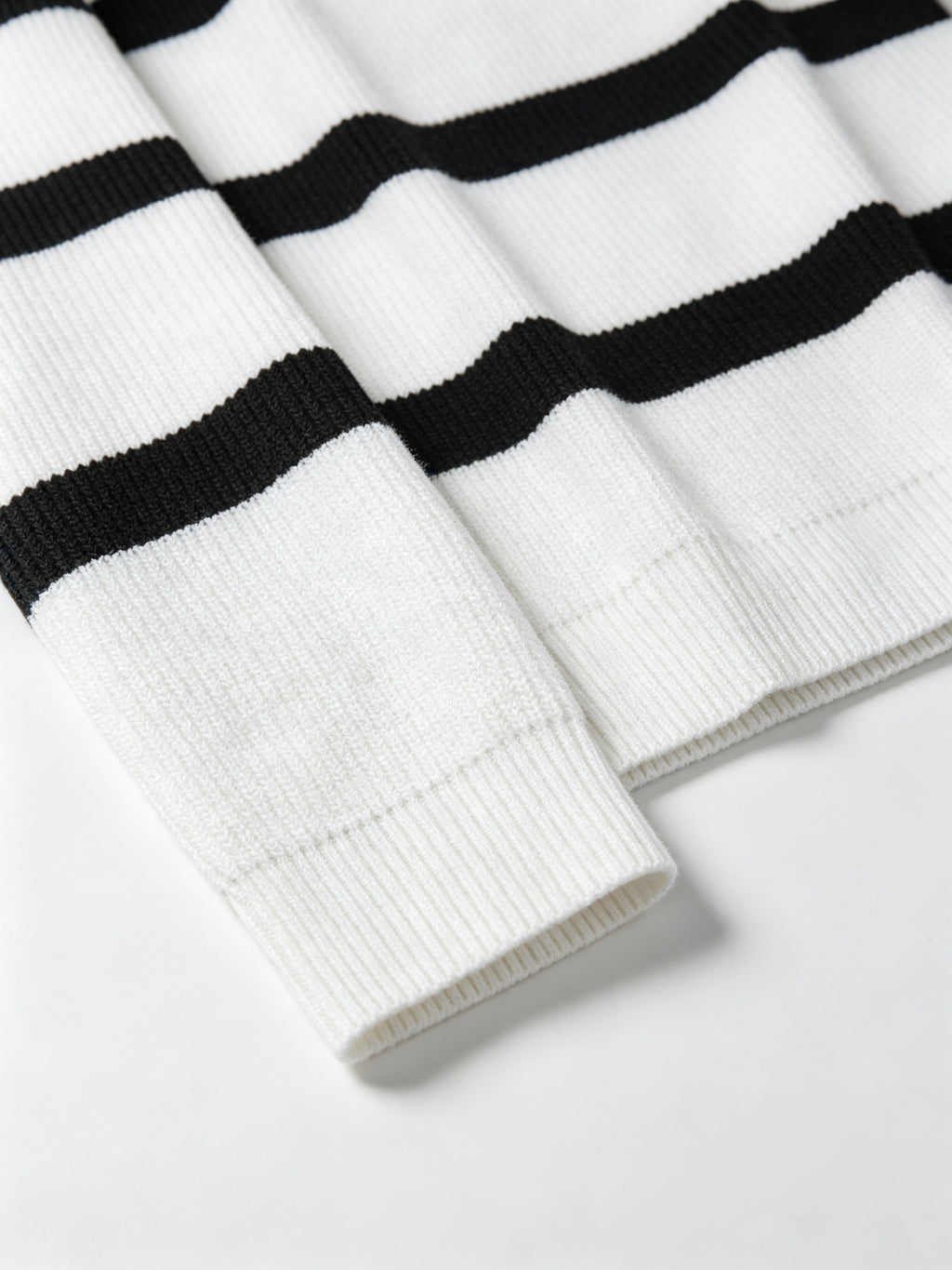 Men'S Semi-High Neck Zipper Knit Sweater, Wide Horizontal Stripe Long Sleeve Pullover, Casual Loose Knit Jacket - White