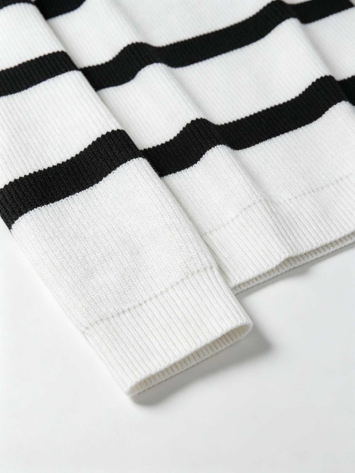 Men'S Semi-High Neck Zipper Knit Sweater, Wide Horizontal Stripe Long Sleeve Pullover, Casual Loose Knit Jacket - White