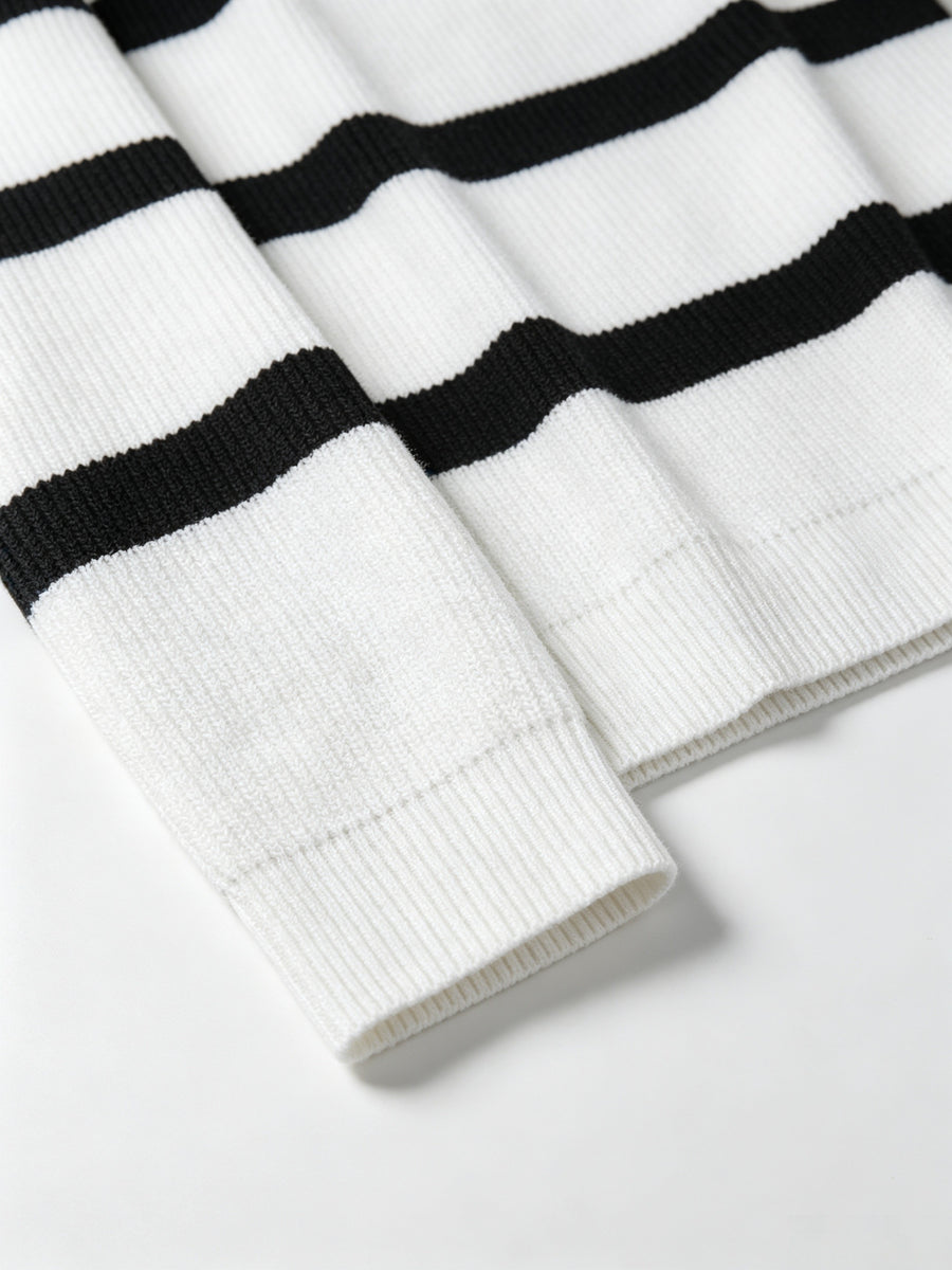 Men'S Semi-High Neck Zipper Knit Sweater, Wide Horizontal Stripe Long Sleeve Pullover, Casual Loose Knit Jacket - White