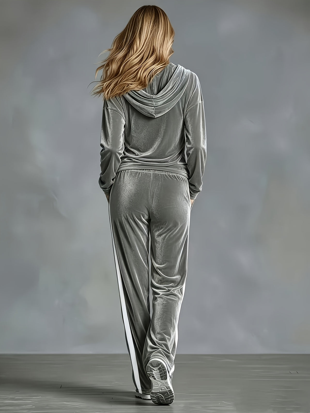 Casual Solid Color Velvet Hooded Sleeveless Top with Side Ribbon Straight-Leg Pants Set - Grey