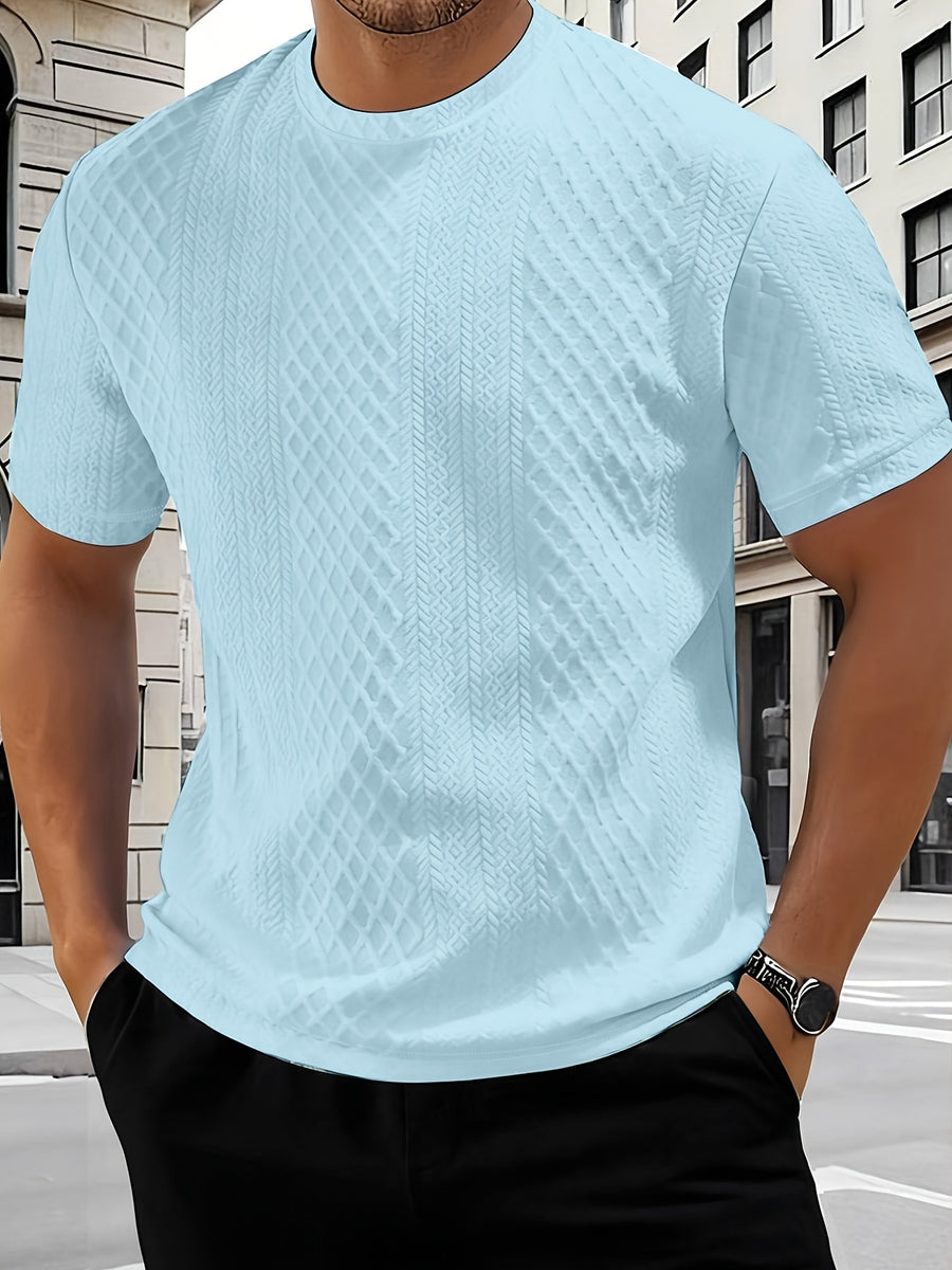Men'S Round Neck Textured Fabric Short Sleeve T-Shirt, Suitable for Summer Casual Sports - Sky Blue