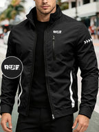 Men'S Spring/Autumn Stand-Up Collar Casual Jacket, Off-Road Riding Pattern Print, Zip-Up Lightweight Outerwear, Side Contrast Stand-Up Collar Sports Commute Top - Black