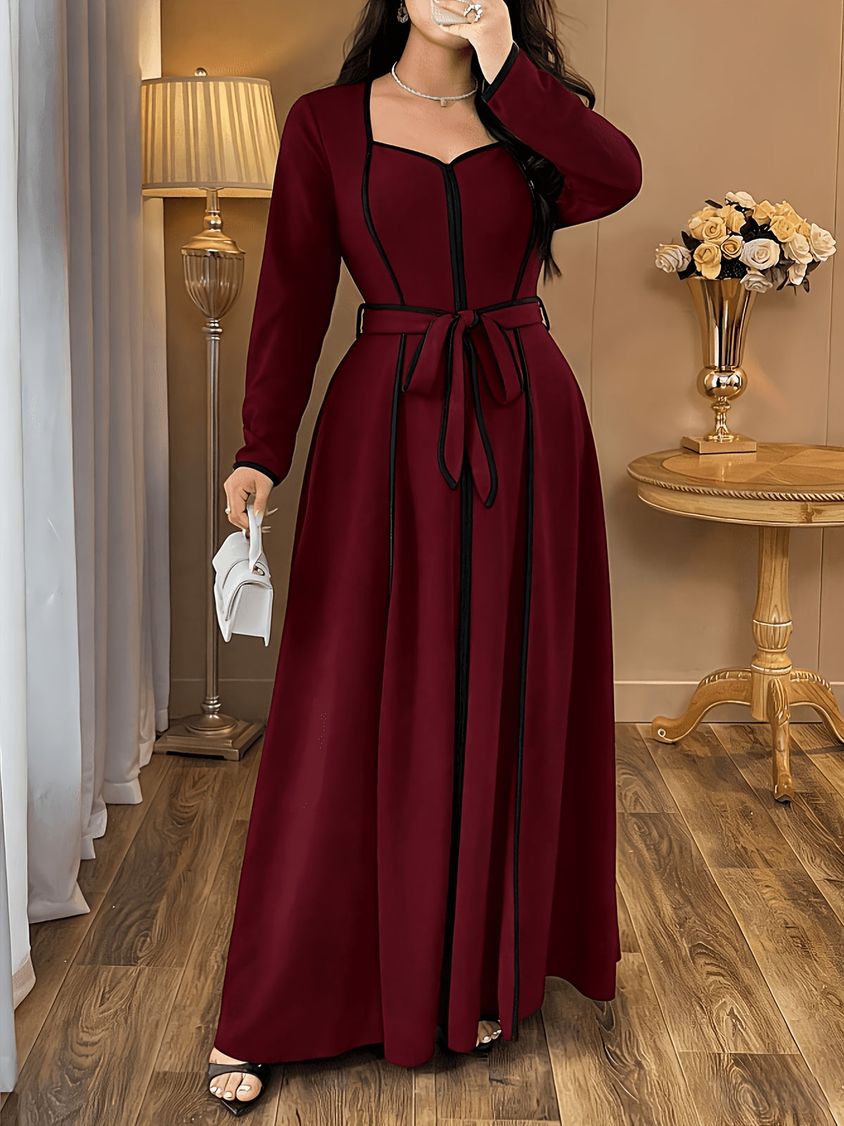 Plus Size, Plus Size Women's Dress, Elegant Black and White Deep V-Neck High-Waist Waist-Cinching Slim-Fit Long Sleeve Dress for Spring, Summer, Autumn, and Winter - Burgundy