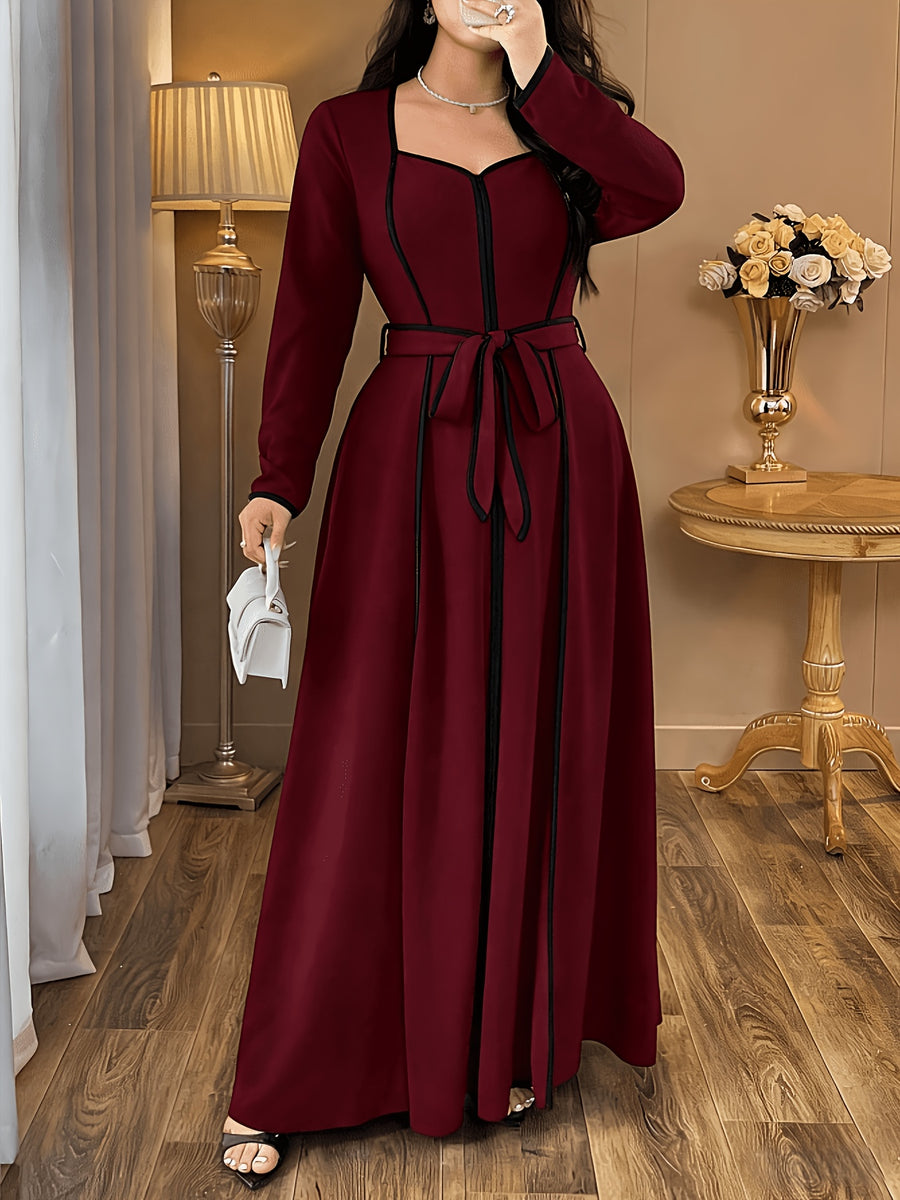 Plus Size, Plus Size Women's Dress, Elegant Black and White Deep V-Neck High-Waist Waist-Cinching Slim-Fit Long Sleeve Dress for Spring, Summer, Autumn, and Winter - Burgundy
