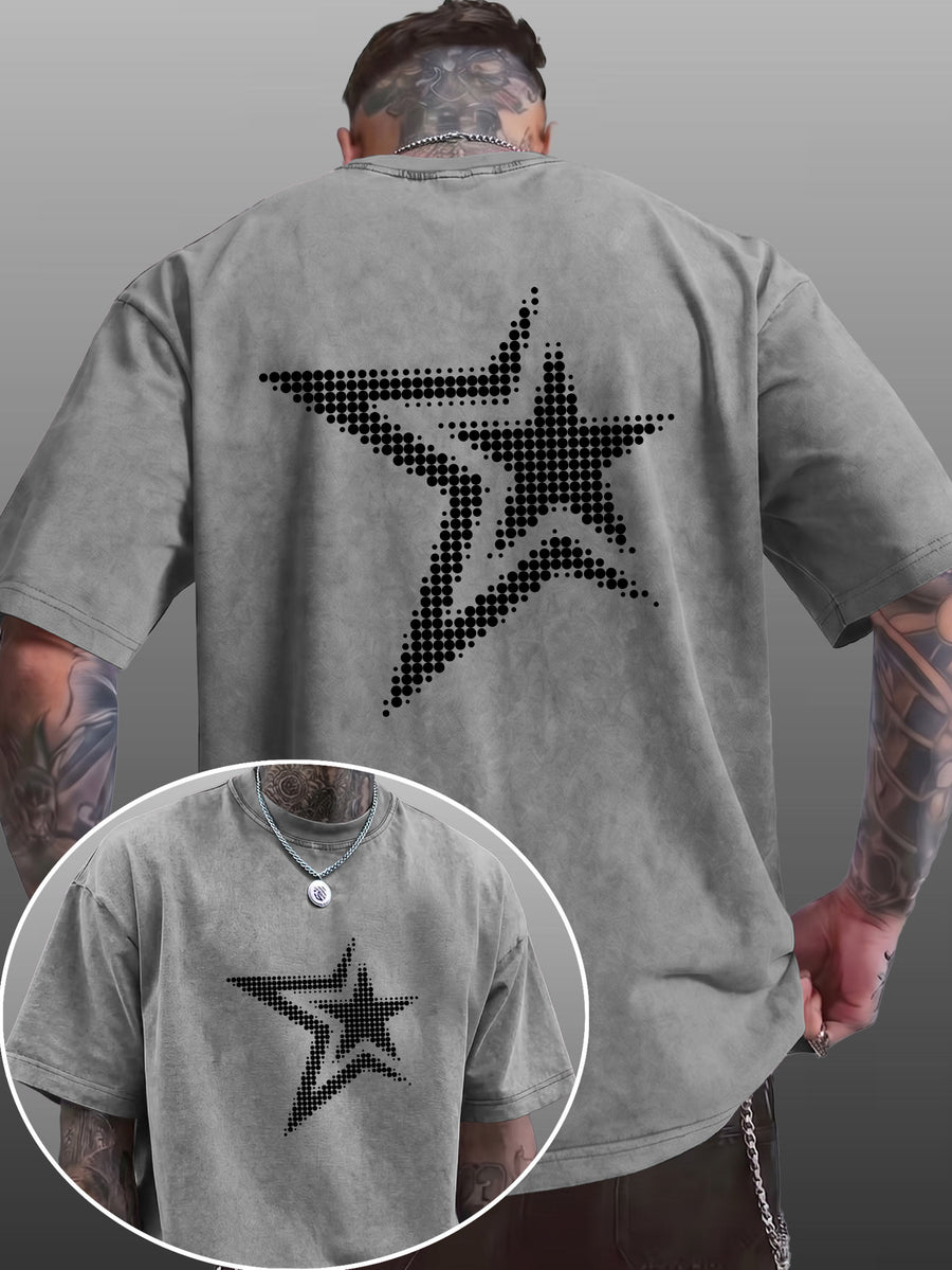 Men's Short-Sleeve T-Shirt, Pure Cotton Loose Fit Washed Distressed Half-Sleeve Top, Dot Matrix Overlapping Double Five-Star Trendy Reverse Double-Sided Print, Multiple Colors for Mix & Match, American Streetwear High Street Hip-Hop Y2K National - Grey