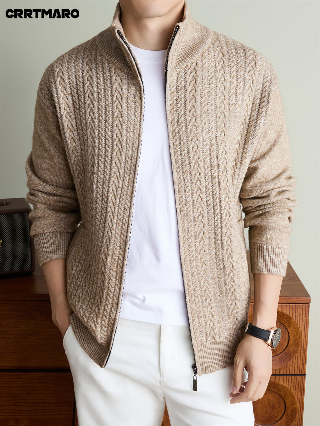 Men'S Heavyweight Thick Knit Cardigan, Warm Casual Layering Top for Fall And Winter - Clip Flower Coffee
