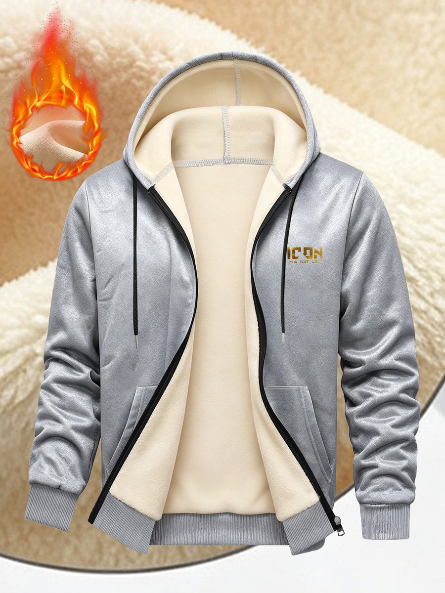 ICON Pattern Print, Men's Thickened -lined Zip-up Hooded Jacket, Versatile Warm -lined Outerwear for Daily Home and Outing Wear - Light Grey
