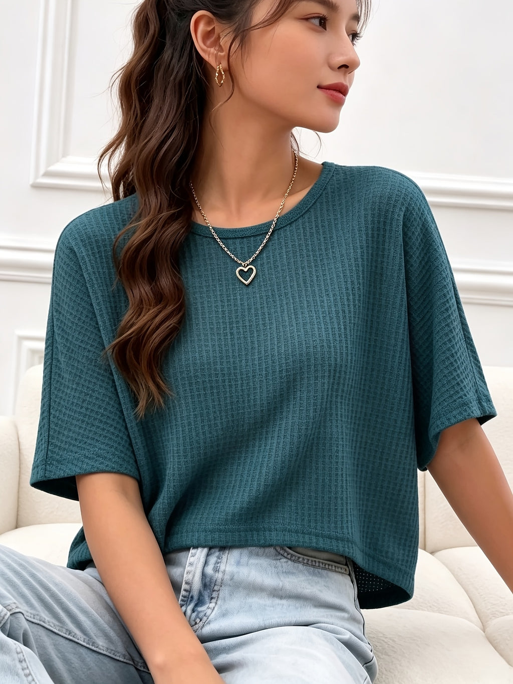 Women's Casual Loose-Fit Waffle Short Crop Crew Neck Short Sleeve T-Shirt for Daily Commuting - Dark Cyan