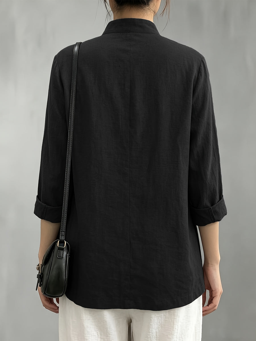 Chinese Style Small Lapel Three-Quarter Sleeve, Relaxed Style Breathable Casual Vacation All-Match Jacket - Black