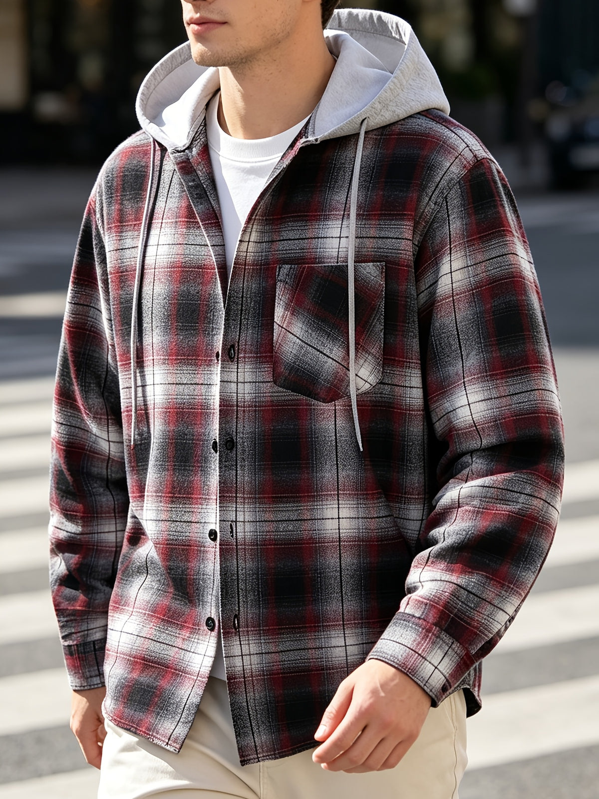 Men'S Hooded Plaid Shirt Jacket, Classic Color-Block Checkered Design, Layered And Practical, Loose Drop Shoulder Fit, Easy And Elegant Chest Pocket Detail, Suitable for Spring/Autumn Daily Commute, Casual Outings, And Dates - Black And Red Grid