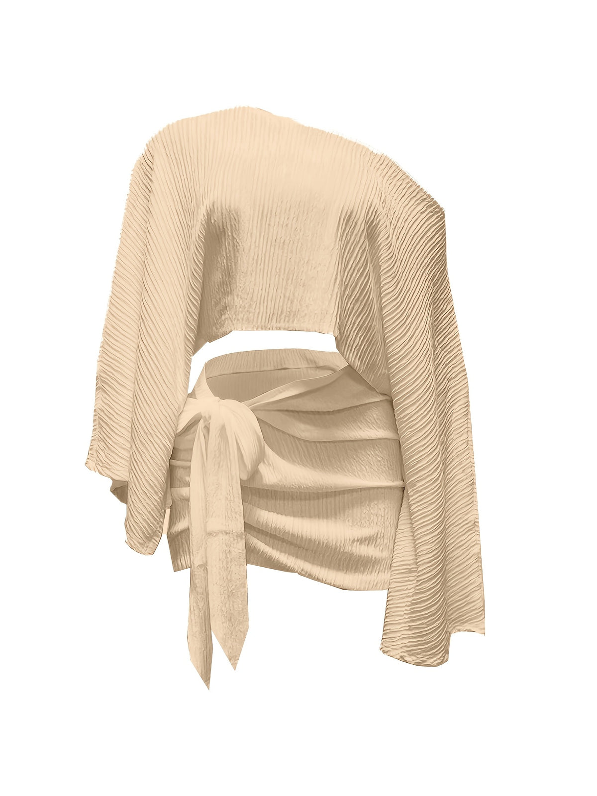 Women's Summer Versatile Elegant Off-Shoulder Top and Skirt 2pcs Set, Cross-Back Top, Fashionable Vacation and Date Outfit Set, Versatile Women's Top, Women's Summer Clothing, Summer Women's Apparel, Base Layer, Dress, Pullover, Long-Sleeve Top - Apricot