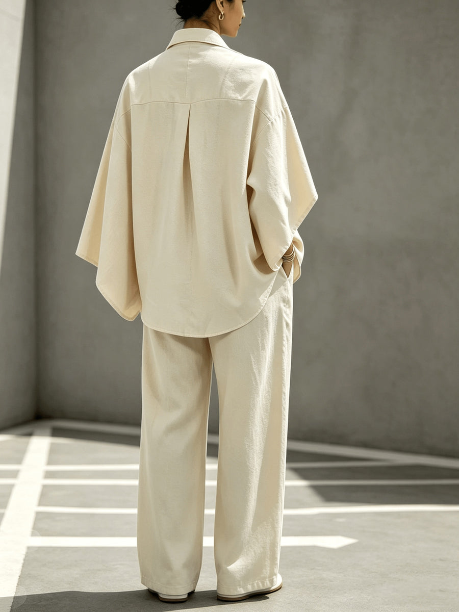 Women'S Light Apricot Stand Collar Batwing Short Sleeve Set, Single Button Loose Shirt And High-Waist Straight Wide-Leg Pants Casual Two-Piece - Off-white