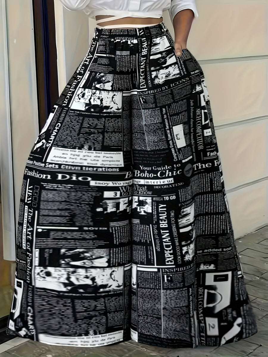 Newspaper Print Wide Leg Pants with Pockets | High Waist, Non-Stretch, Machine Washable, All-Season - Black