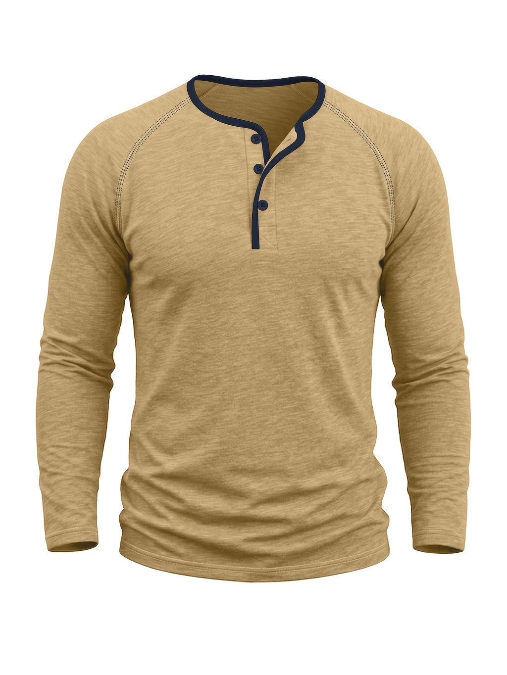 Autumn/Winter Cross-Border Men's Long Sleeve Crew Neck Henley Shirt, European and American Style Men's Pullover Base Layer T-Shirt - Khaki