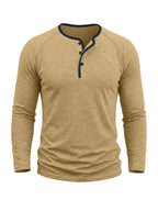 Autumn/Winter Cross-Border Men's Long Sleeve Crew Neck Henley Shirt, European and American Style Men's Pullover Base Layer T-Shirt - Khaki
