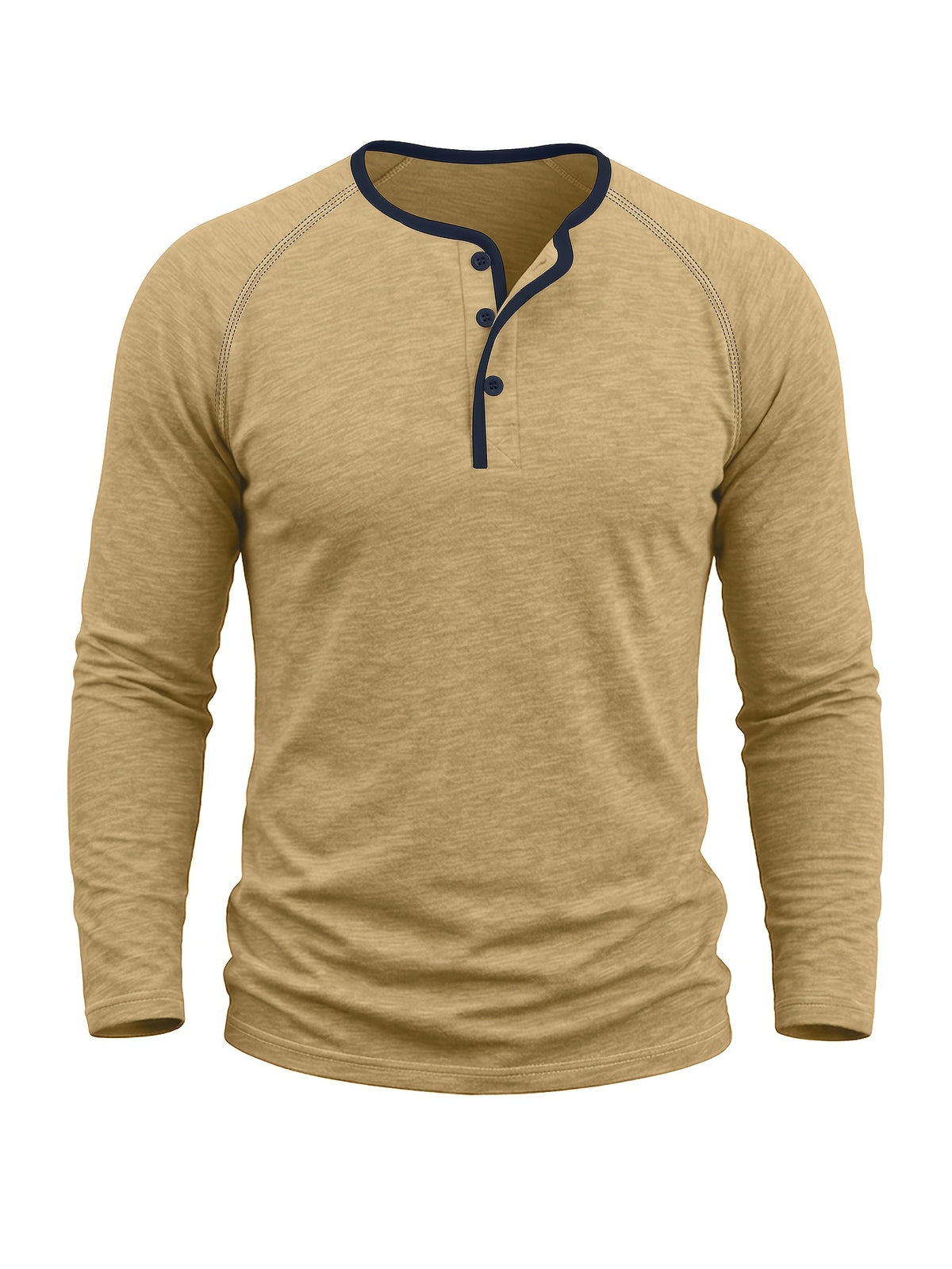 Autumn/Winter Cross-Border Men's Long Sleeve Crew Neck Henley Shirt, European and American Style Men's Pullover Base Layer T-Shirt - Khaki