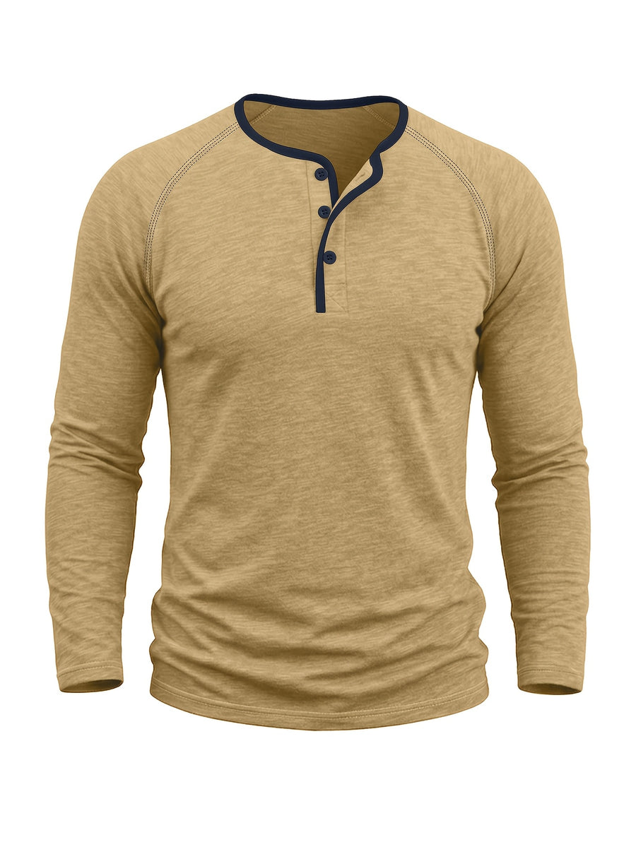 Autumn/Winter Cross-Border Men's Long Sleeve Crew Neck Henley Shirt, European and American Style Men's Pullover Base Layer T-Shirt - Khaki