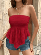 Women'S Fashion French Lantern Check Camisole, Strapless Ruched Elastic Waist, Irregular Hem Outer Vest, And Outer Wear Top - Red