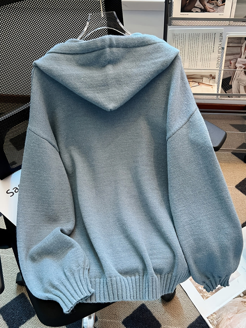 Korean-style Loose Fit Casual Hooded Sweatshirt, Autumn/Winter Solid Color Simple Versatile Drop Shoulder Lantern Sleeve Hoodie, 2026 New Fashion Women's Clothing - Military Blue