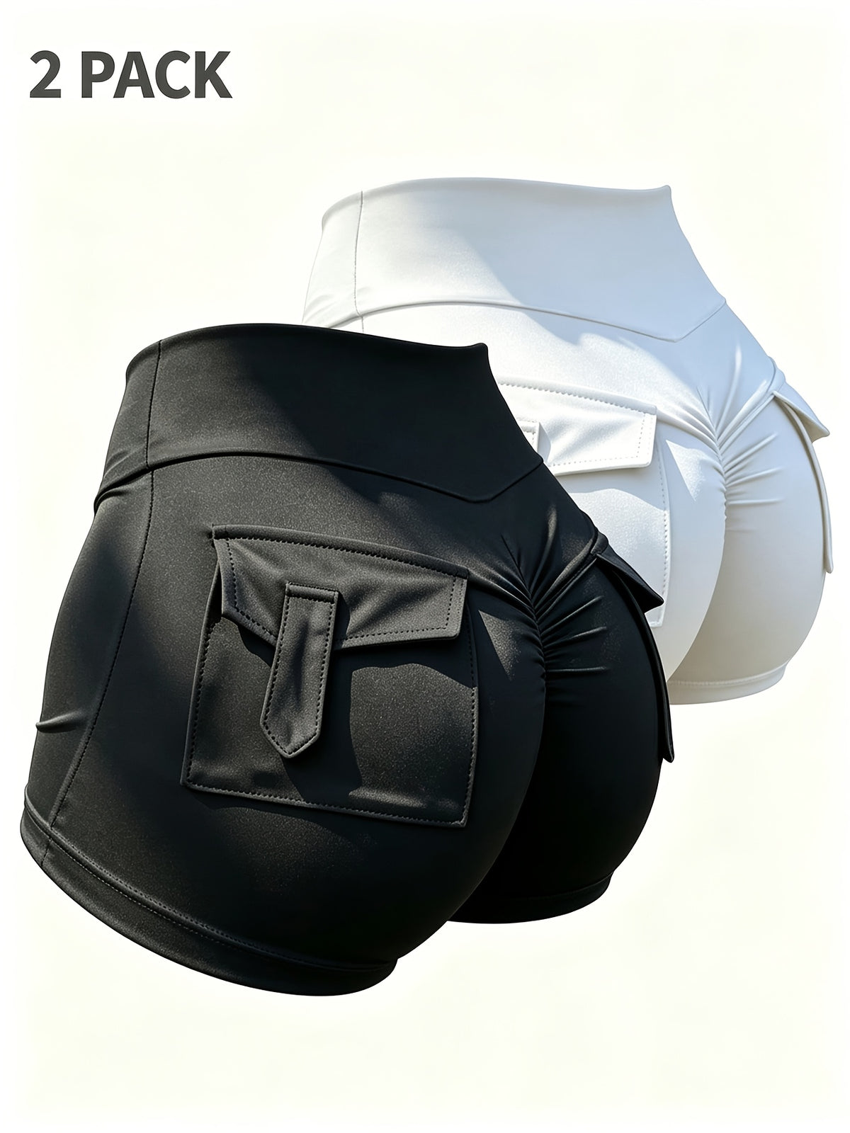 2-Pack Women'S High-Waist Lifting Shorts with Pockets, Stretch Tummy Control Scrunch Booty Shorts Casual Shorts - Black+Light White